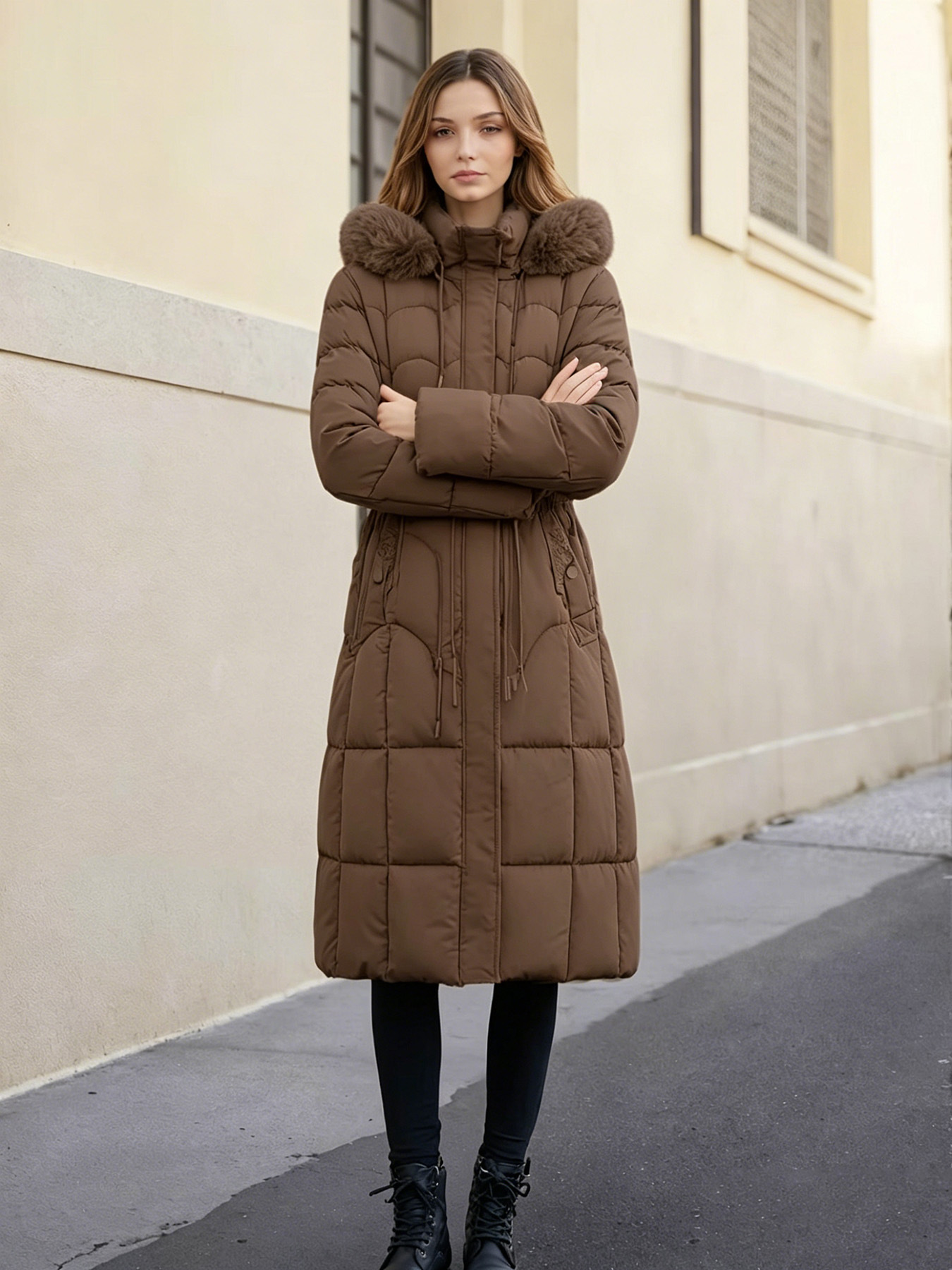 Elegant Cotton-padded Coat With A Fur-lined Hood photo 2
