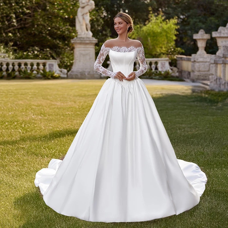 One-shoulder Lace Long-sleeve Satin Bridal Wedding Dress photo 1
