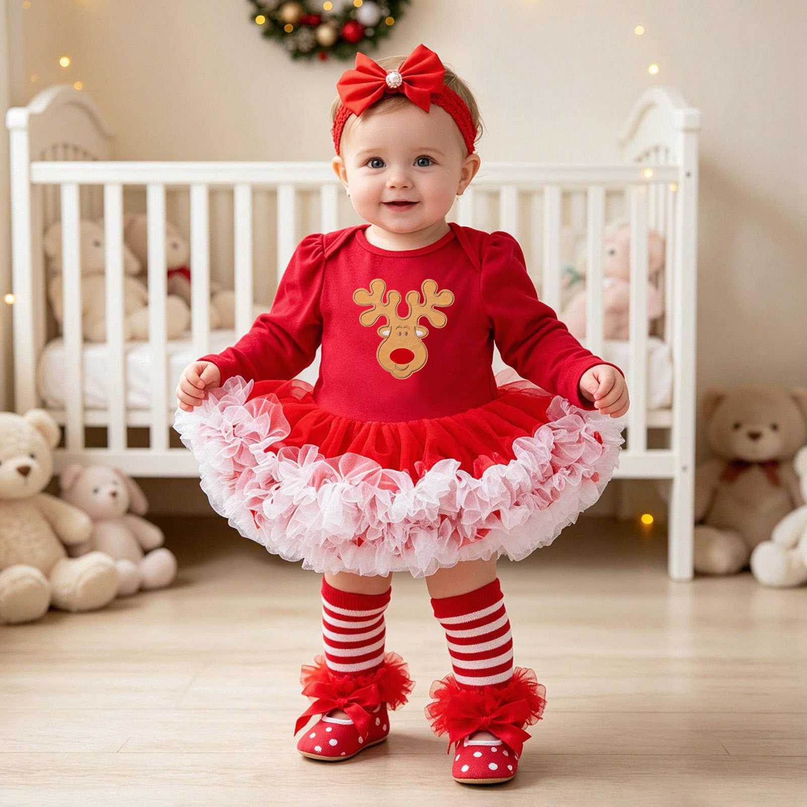 Baby Christmas Long-sleeve Cartoon Romper Dress Red Tulle One-piece Outfit Four-piece Set photo 4