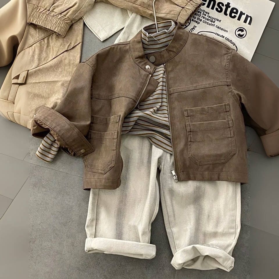 Boys' Motorcycle-style Jacket Top And Pants Three-piece Set photo 1