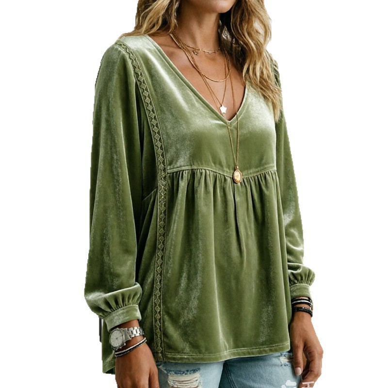 V-neck Lace Velvet Casual Loose-fitting Long-sleeve Top photo 1