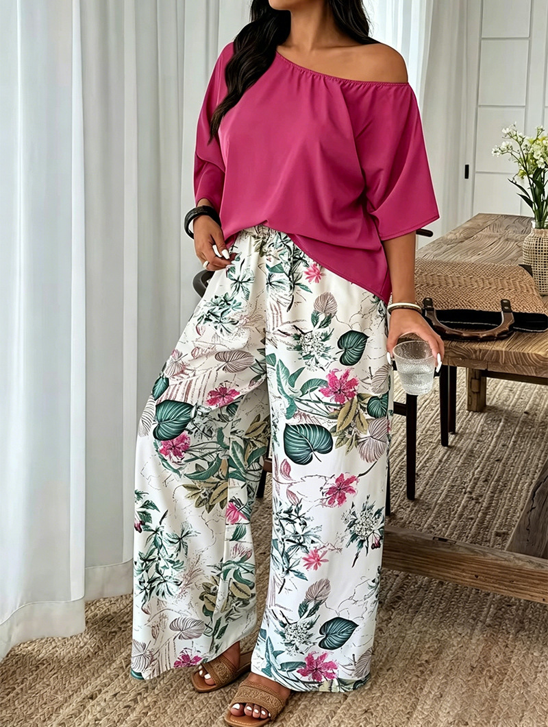 Casual Womens Set Featuring Plant And Floral Print Wide-leg Pants photo 8