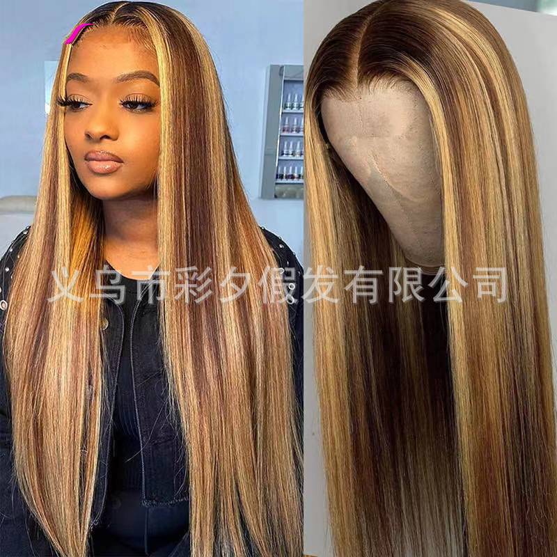 Front Lace Light Golden Long Straight Hair Full Lace Wig Cap photo 8
