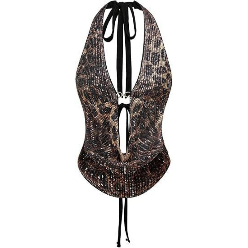 Womens Leopard-print Sequin Top With Lace-up Back And Cinched Waist photo 2