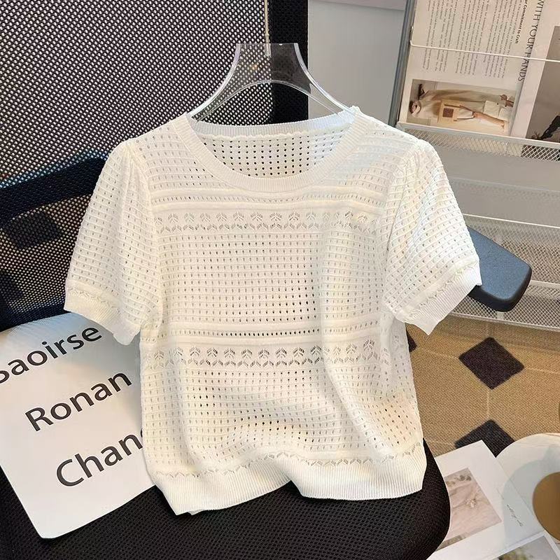 Figure-flattering Round-neck Chanel-style Hollow-out Short-sleeve Top photo 1
