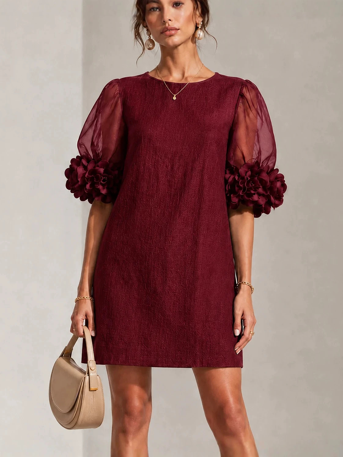 Women's Organza Puff Sleeve Dress - Romantic Sweet Midi Length Party Gown for Summer Wedding Guest photo 2