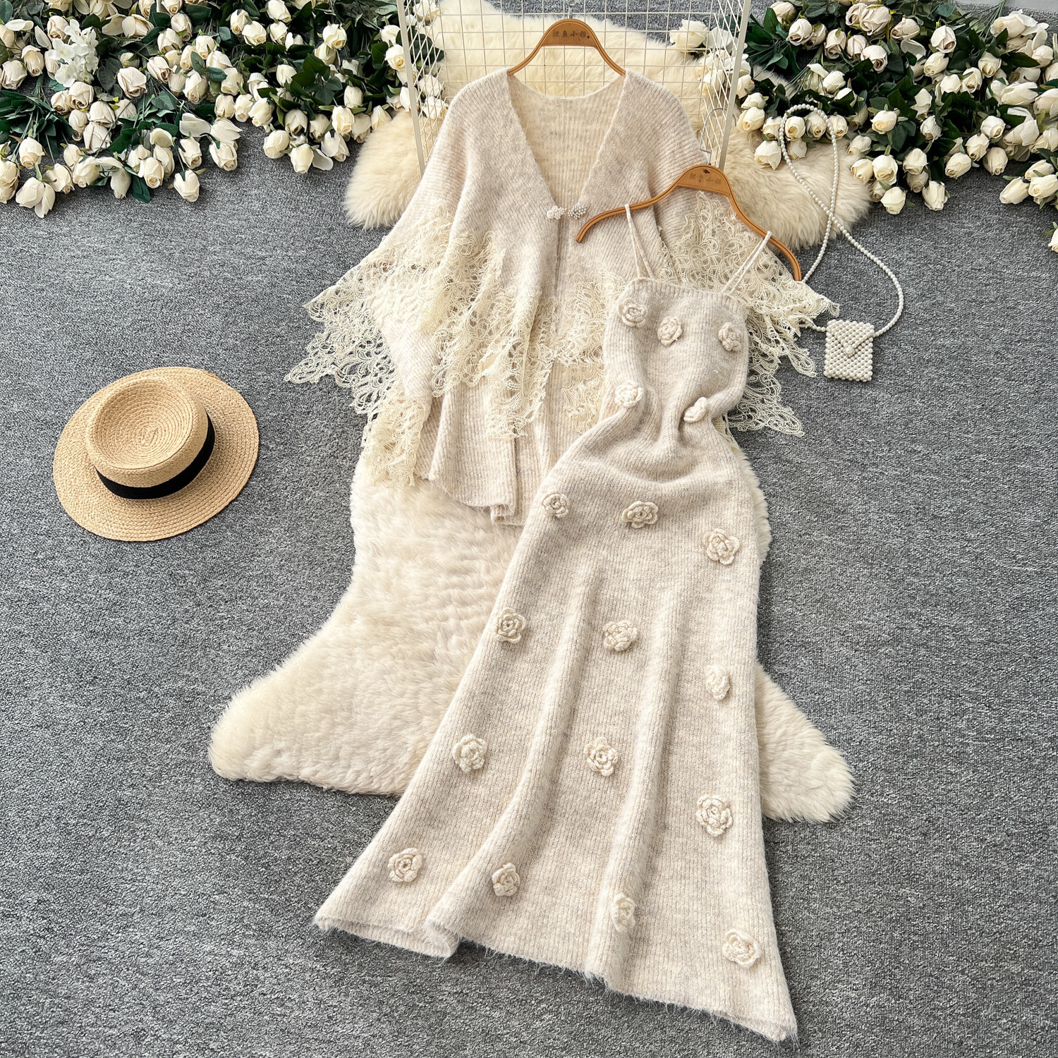 Lace-panel Cardigan And Camisole Dress Set With Three-dimensional Floral Accents photo 4