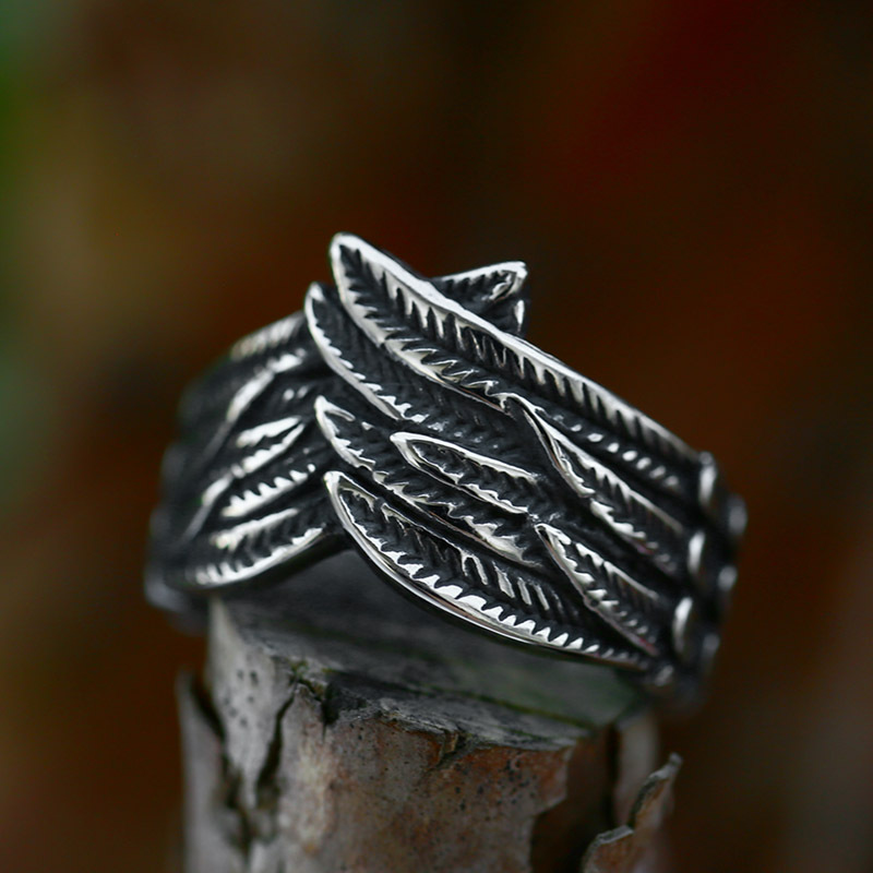Retro Personality Feather Titanium Steel Ring photo 2