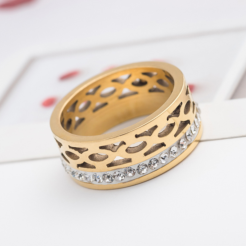 Fashionable Hollowed-out Diamond-studded Titanium Steel Ring photo 3