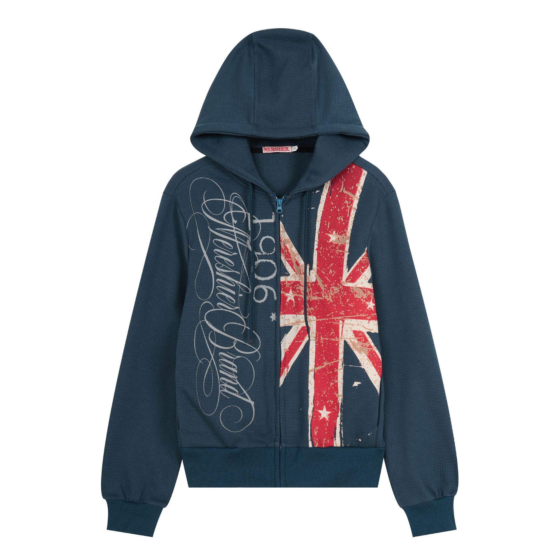 American-style Distressed Letter-print Hooded Zip-up Sweatshirt Jacket photo 1