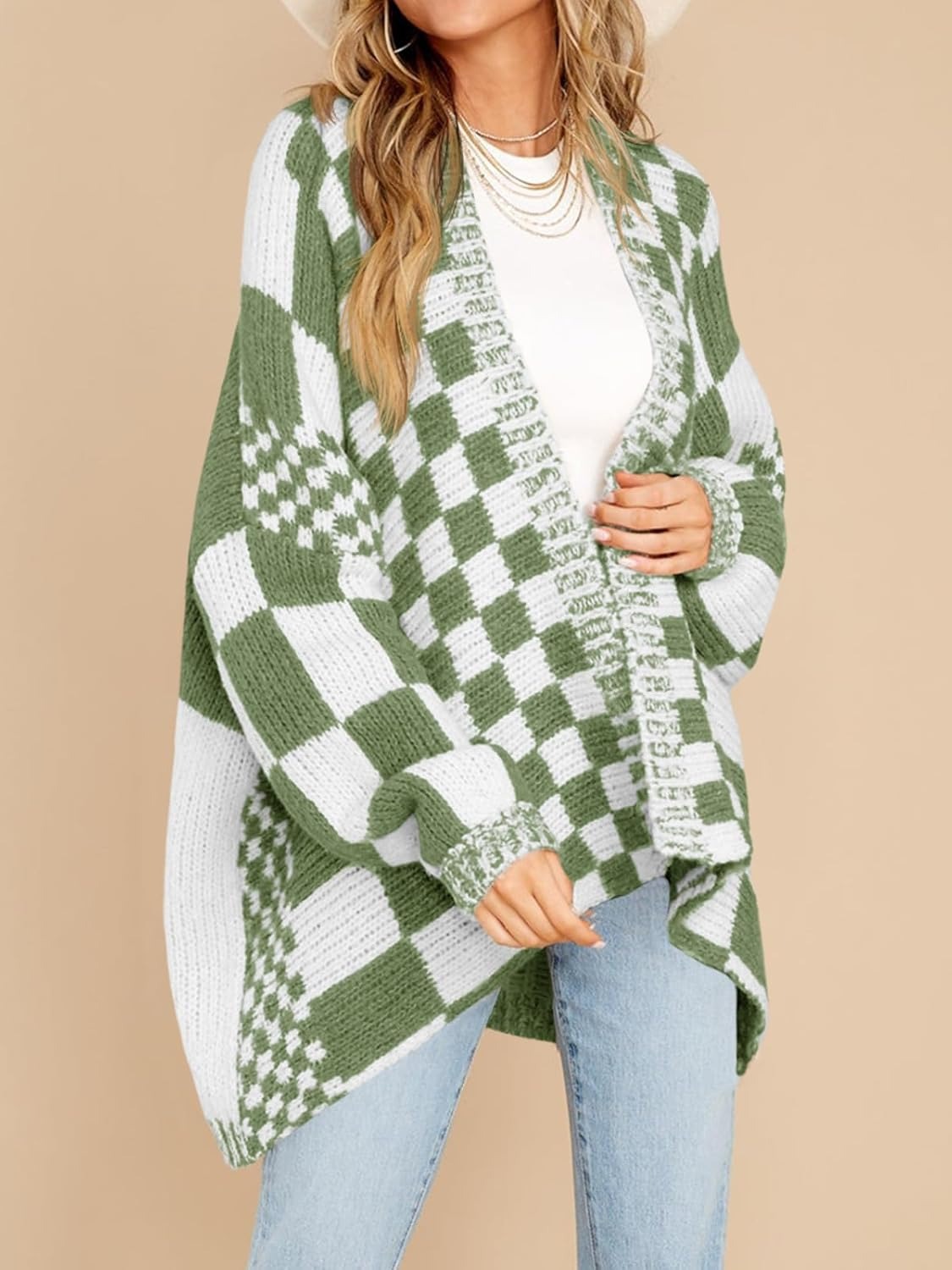 High-end Large-check Color-block Knit Cardigan photo 2