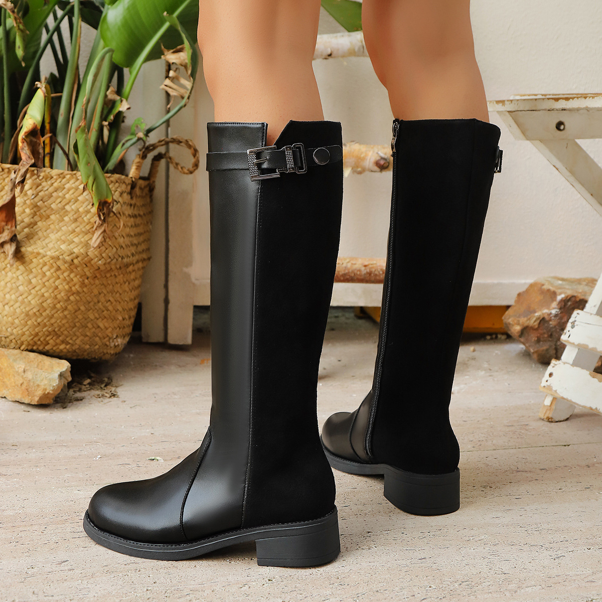 Plus-size Side-zip Suede Belt-buckle Low-heeled Boots For Women photo 5