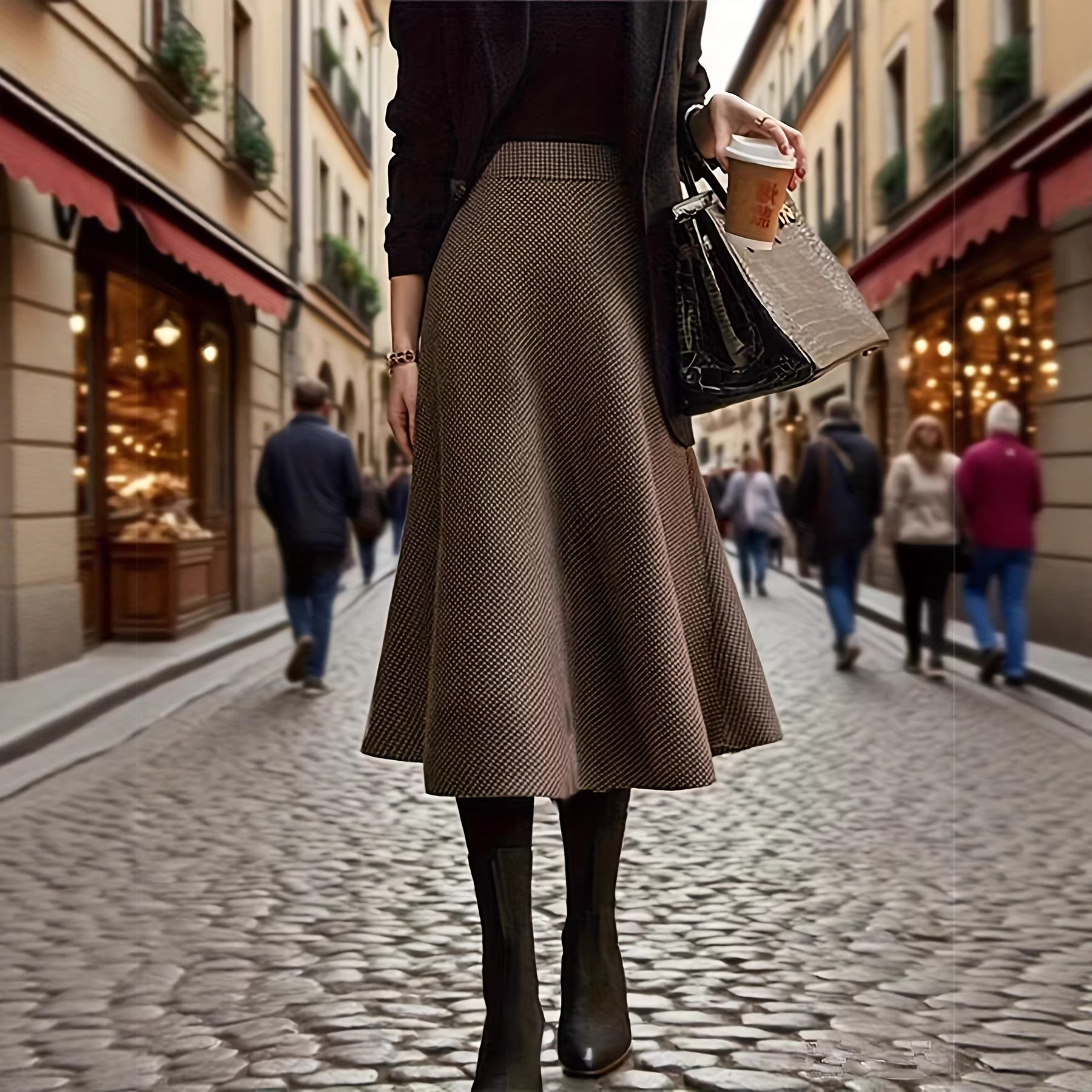 American-style Retro Plaid Brown Semi-formal High-end Midi Skirt photo 6