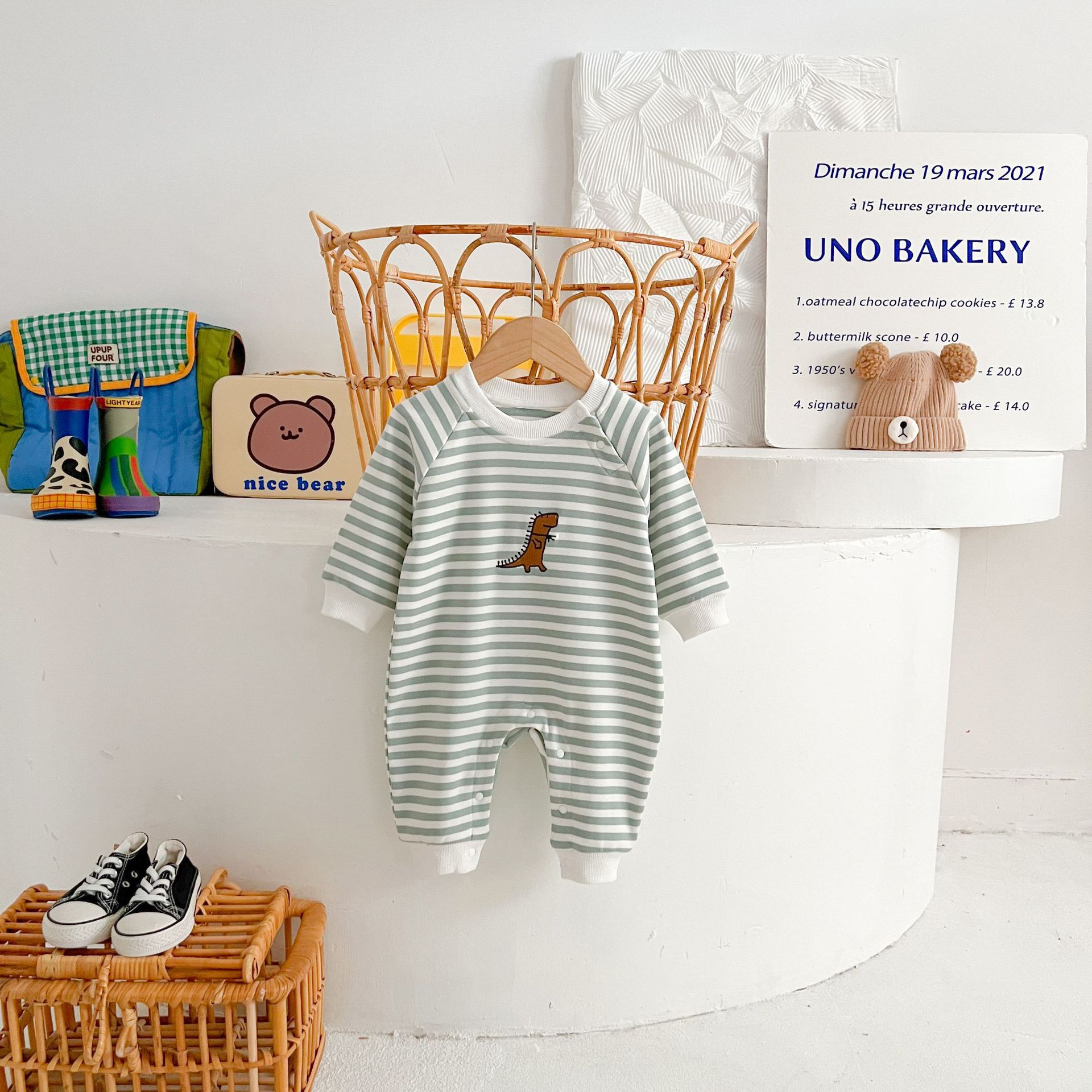 Springautumn New Arrival Striped Dinosaur-embroidered Baby Romper For 0 2 year olds photo 5