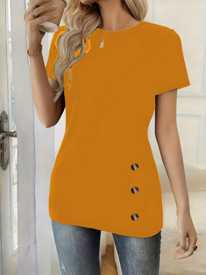 Round-neck Short-sleeve Top With Faux Button Detailingelegant And Versatile photo 5