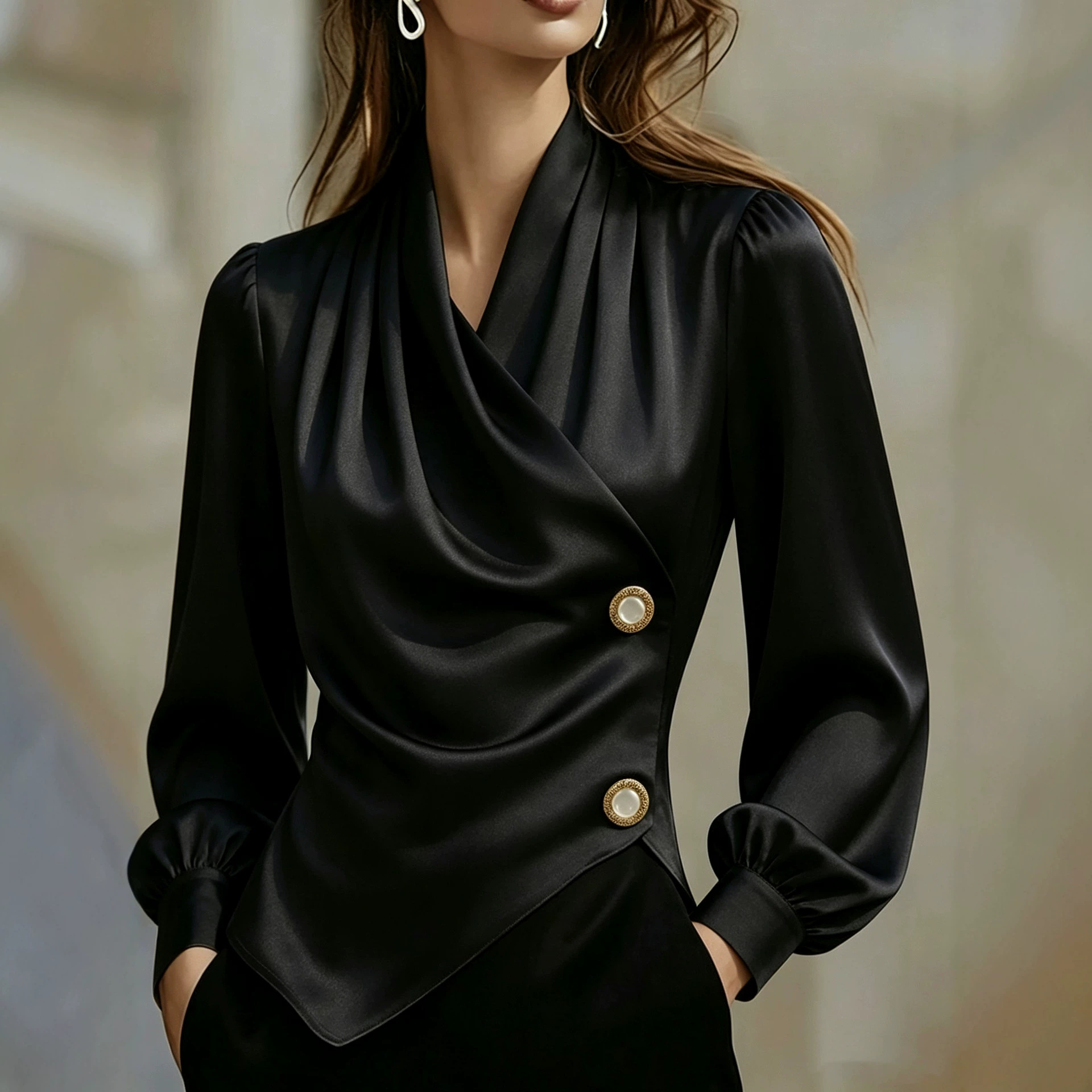 Crossover-collar Waist-cinching Asymmetrical Pearl-buttoned Slimming Versatile Long-sleeve Blouse photo 4