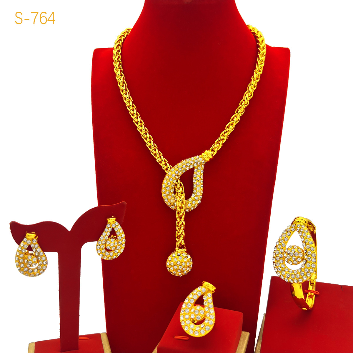 Best-selling Dubai Bride 24k Gold-plated Necklace Bracelet Earring Ring Four-piece Set photo 4
