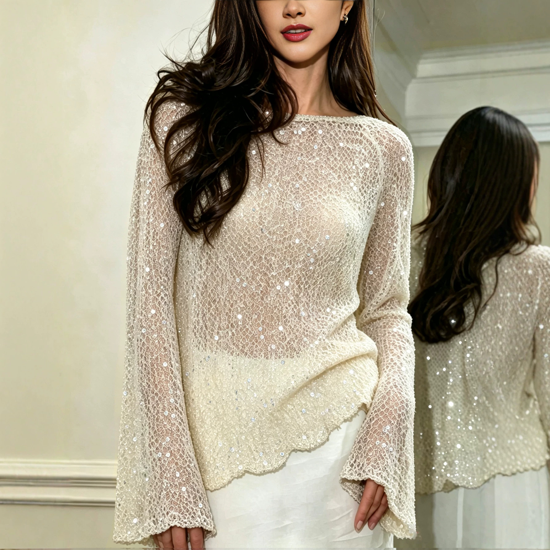 Womens Personality Sequin-decorated Knit Sweater Slim-fit Long-sleeve Top photo 1