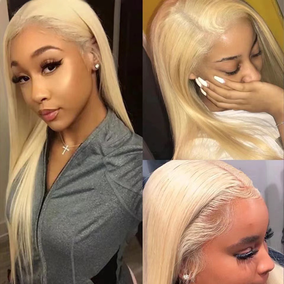 Front Lace Light Golden Long Straight Hair Full Lace Wig Cap photo 6