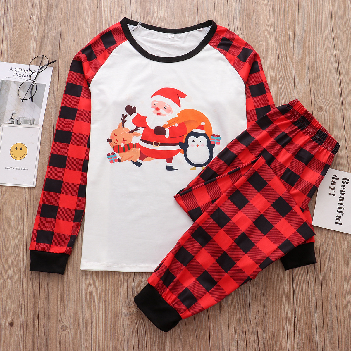 European And American Parent-child Suit Cartoon Santa Claus Printed Plaid Pants Homewear photo 1