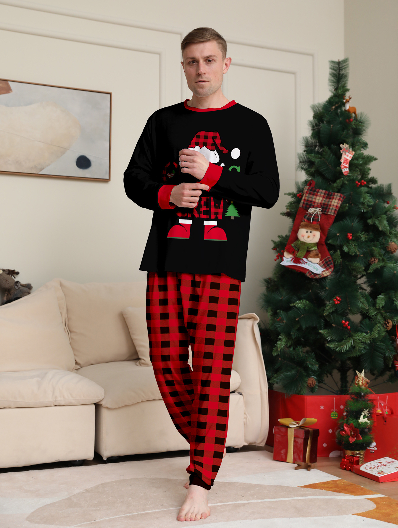 Christmas Hat Cartoon Letters Red And Black Plaid Printed Parent-child Christmas Suit photo 4