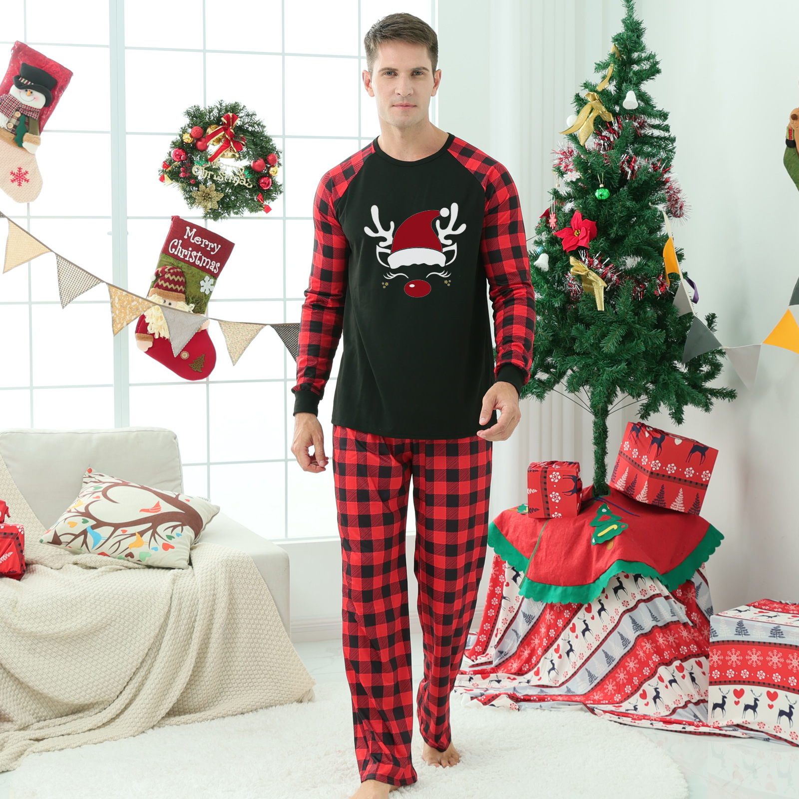 Plaid Stitching Printing Christmas Homewear Parent-child Suit photo 6