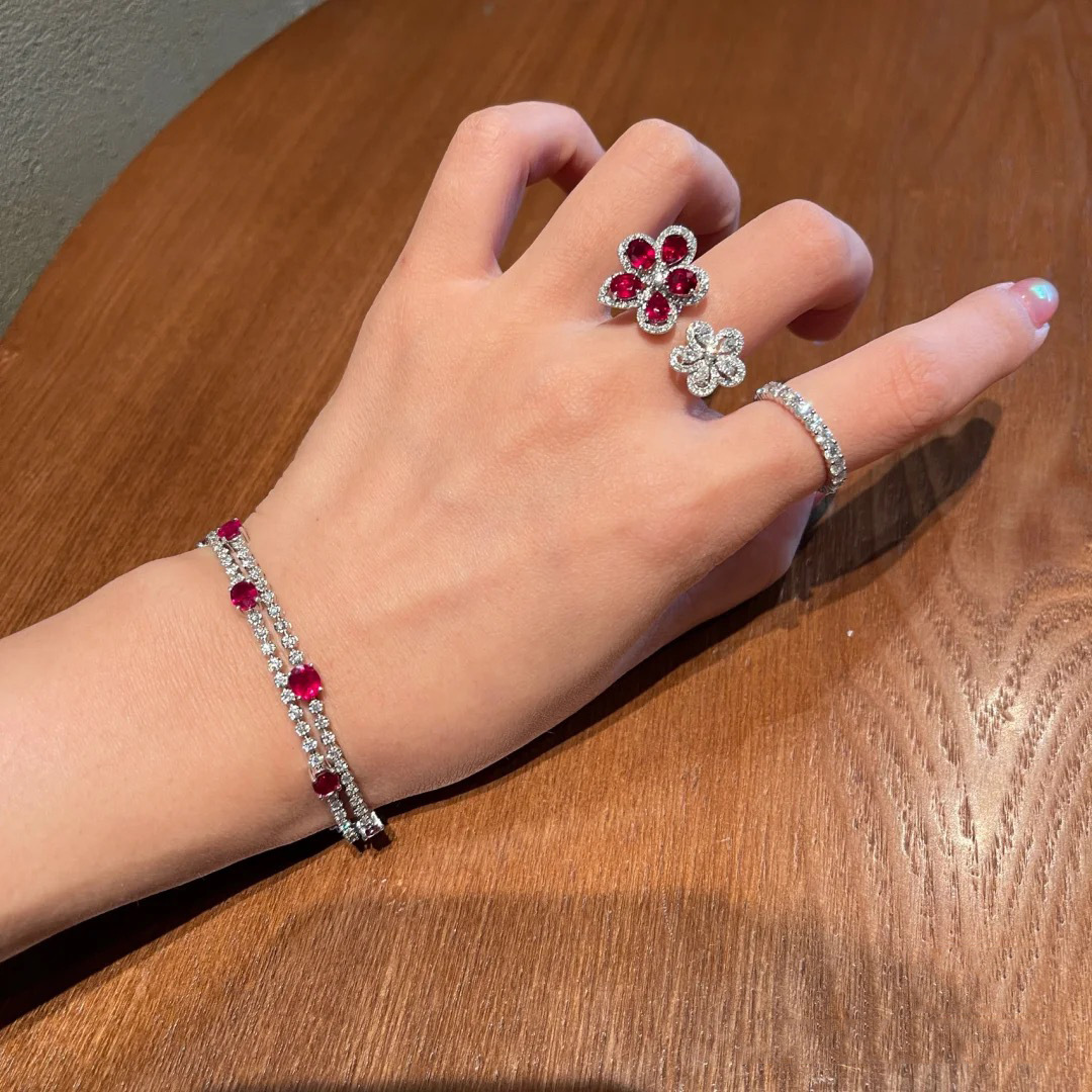 Colorful Bright Crimson Gemstone Flower Grape Purple Zircon Shining Diamond Flower Ring photo 2