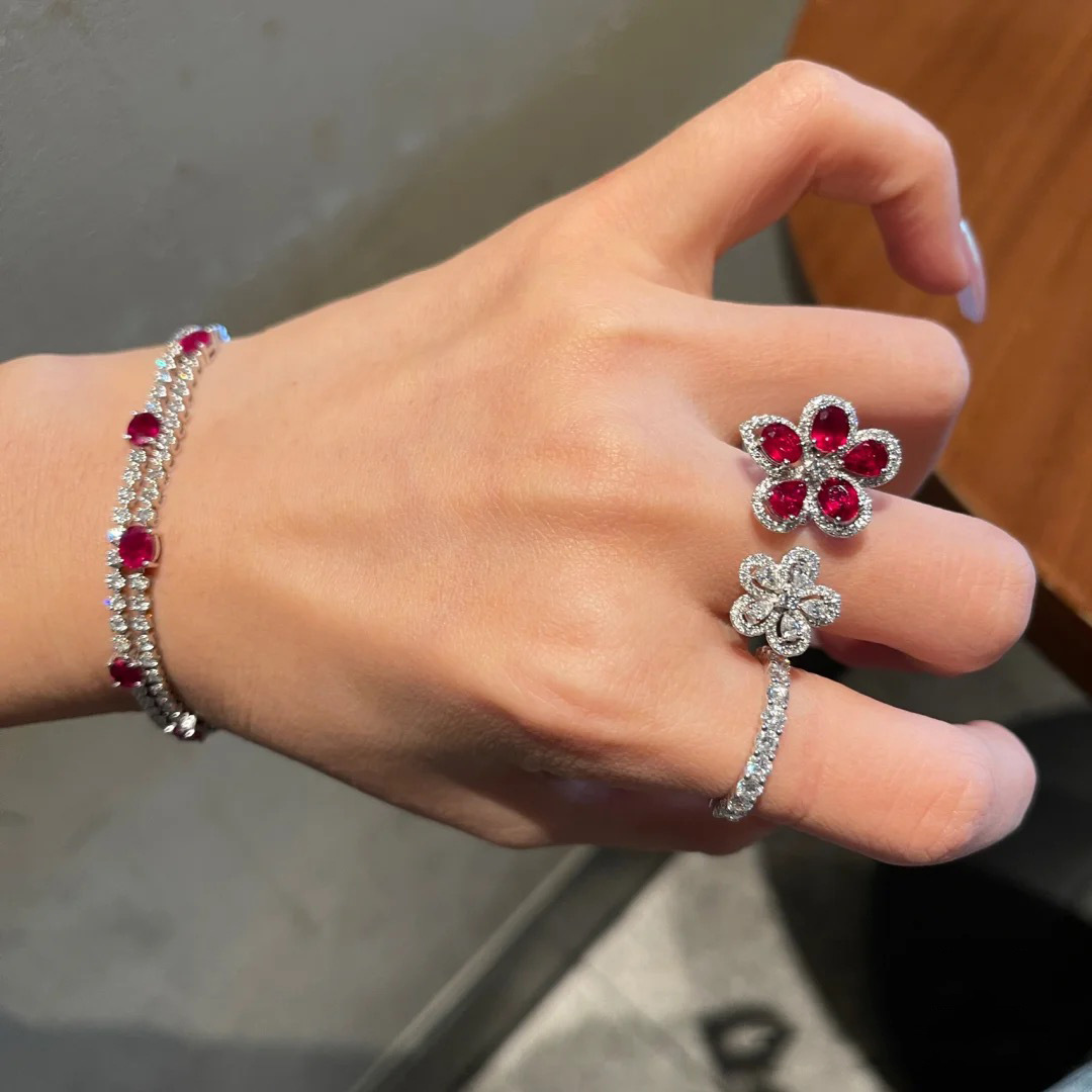 Colorful Bright Crimson Gemstone Flower Grape Purple Zircon Shining Diamond Flower Ring photo 1
