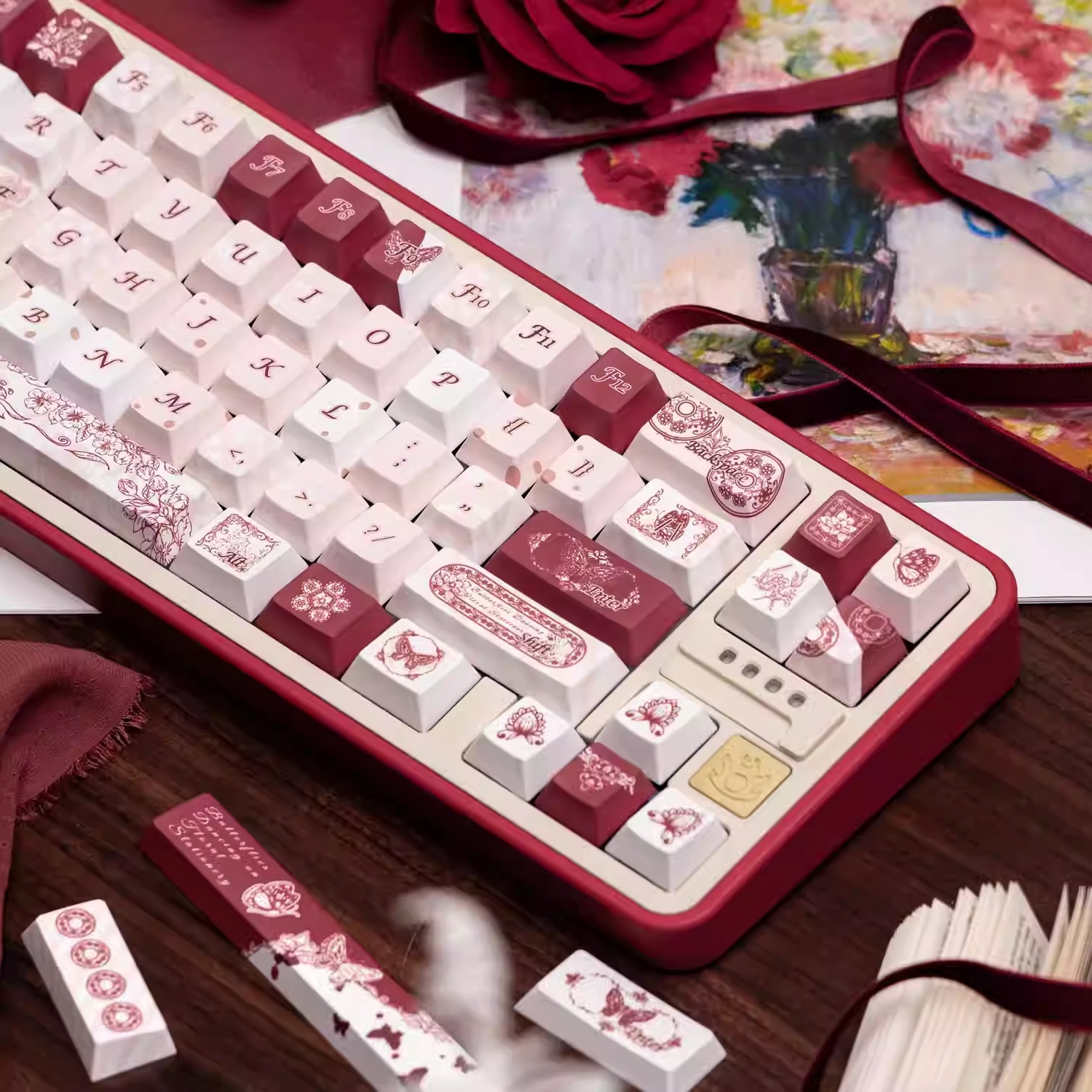 Butterfly Flower Note Original PBT Five-sided Dye-sublimation Mechanical Keyboard Keycaps photo 4