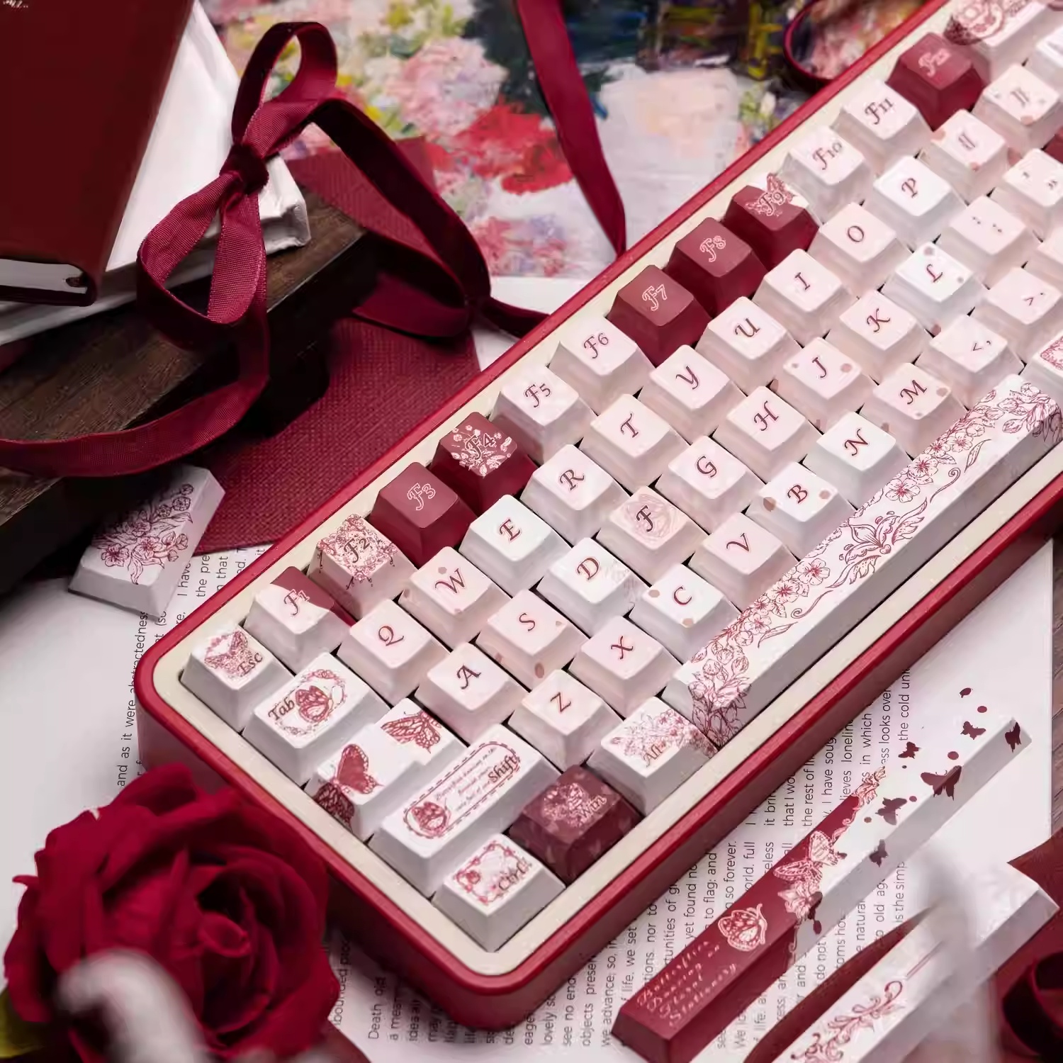 Butterfly Flower Note Original PBT Five-sided Dye-sublimation Mechanical Keyboard Keycaps photo 3