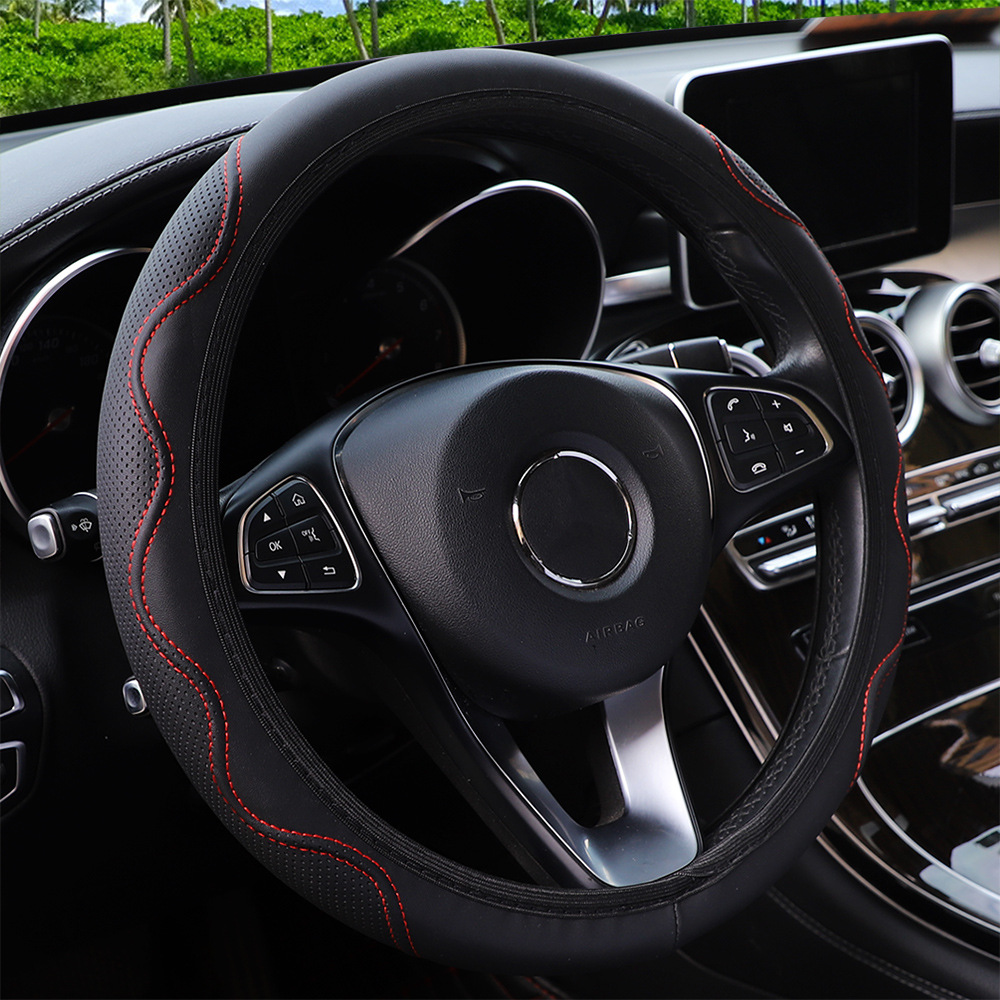 Fiber Leather Embossed Corrugated Elastic Stretch Steering Wheel Cover photo 5