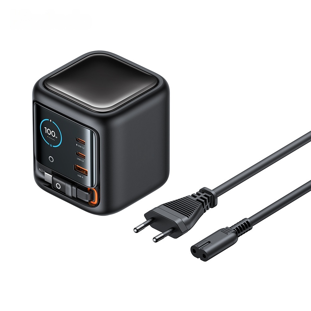 100W GaN Multi-Port Charger with Built-in Retractable Type-C Cable - AI Smart Display UK EU Plug Adapter Fast Charging for Laptop Phone Tablet Travel photo 3