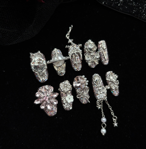 Handmade Press-on Nails In Pink, Sparkling Roses With Full Rhinestone Embellishmentsdazzling Short-style Nails That Enhance Your Complexion, Perfect For The Back-to-school Season photo 4