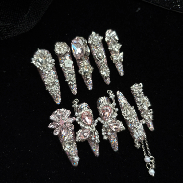 Handmade Press-on Nails In Pink, Sparkling Roses With Full Rhinestone Embellishmentsdazzling Short-style Nails That Enhance Your Complexion, Perfect For The Back-to-school Season photo 8