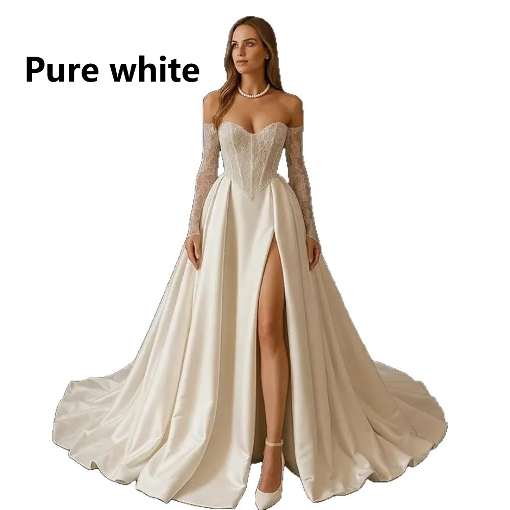 Split Trailing Graceful Tube Top Lace Satin Wedding Dress photo 4