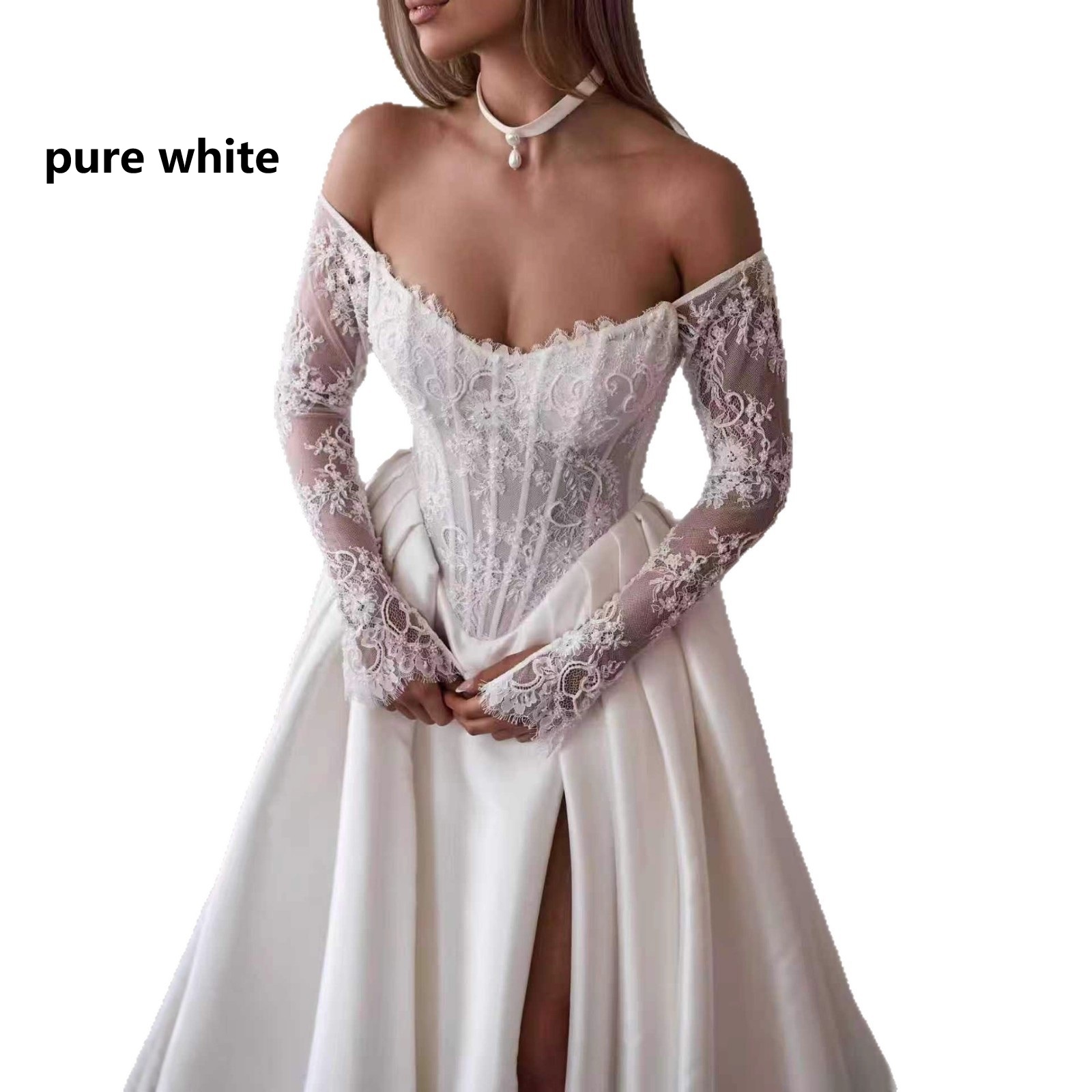 One-shoulder Lace Long-sleeve Wedding Dress photo 6