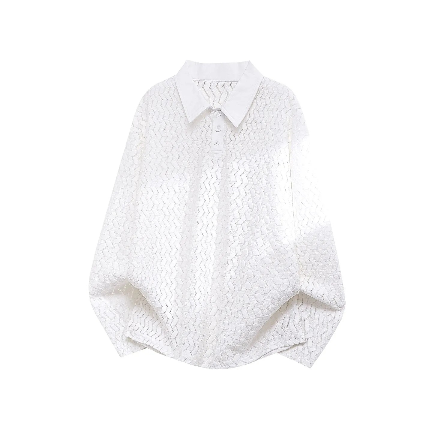 Contrast-color Lapel Hollow-out Long-sleeve Top photo 5