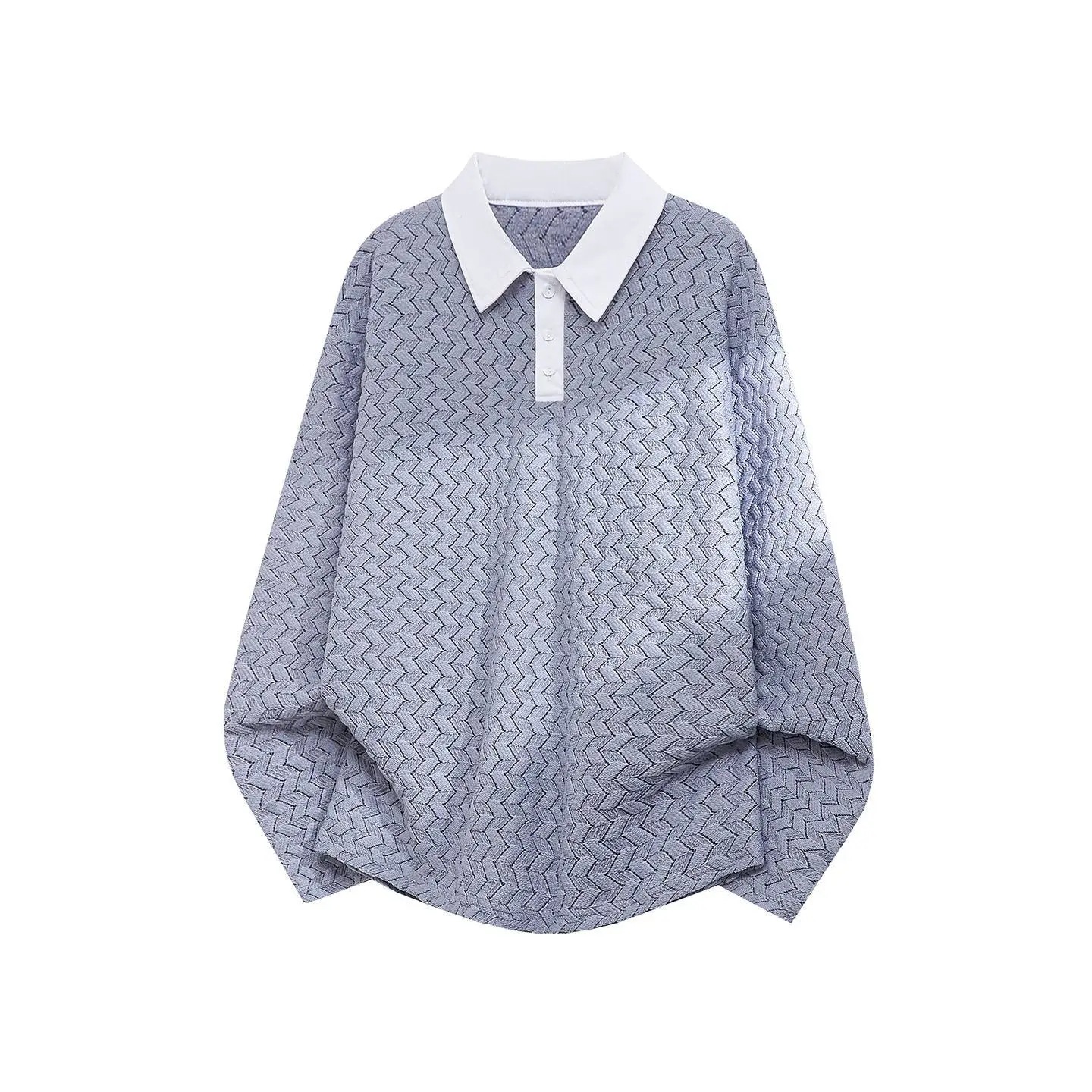Contrast-color Lapel Hollow-out Long-sleeve Top photo 3