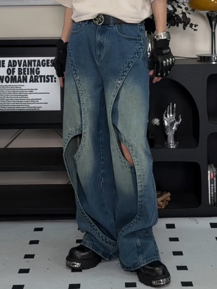 Patchwork Vintage Heavy-washed Distressed Denim Jeans photo 5