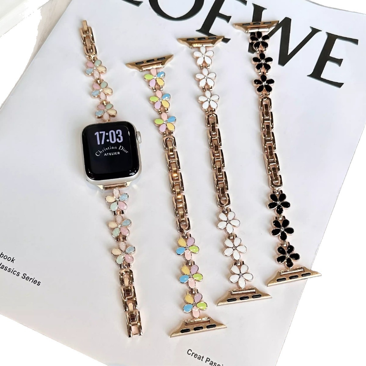 Five-petal Flower Pattern With Gold-embossed Resin And Metal Bracelet Strap photo 1