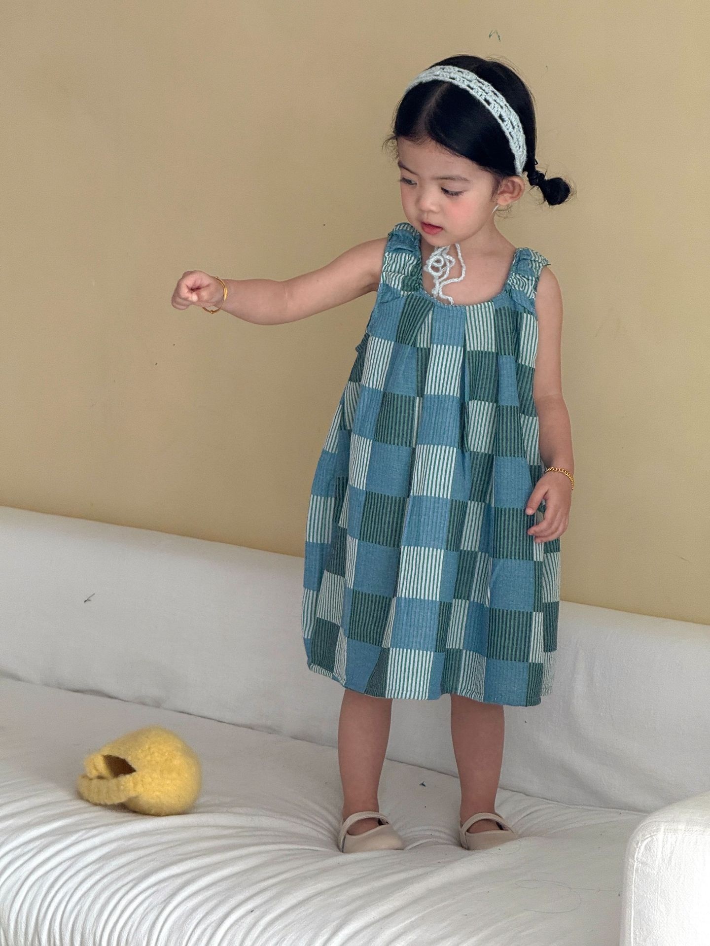 Childrens Short-sleeve Plaid Dress Set photo 4