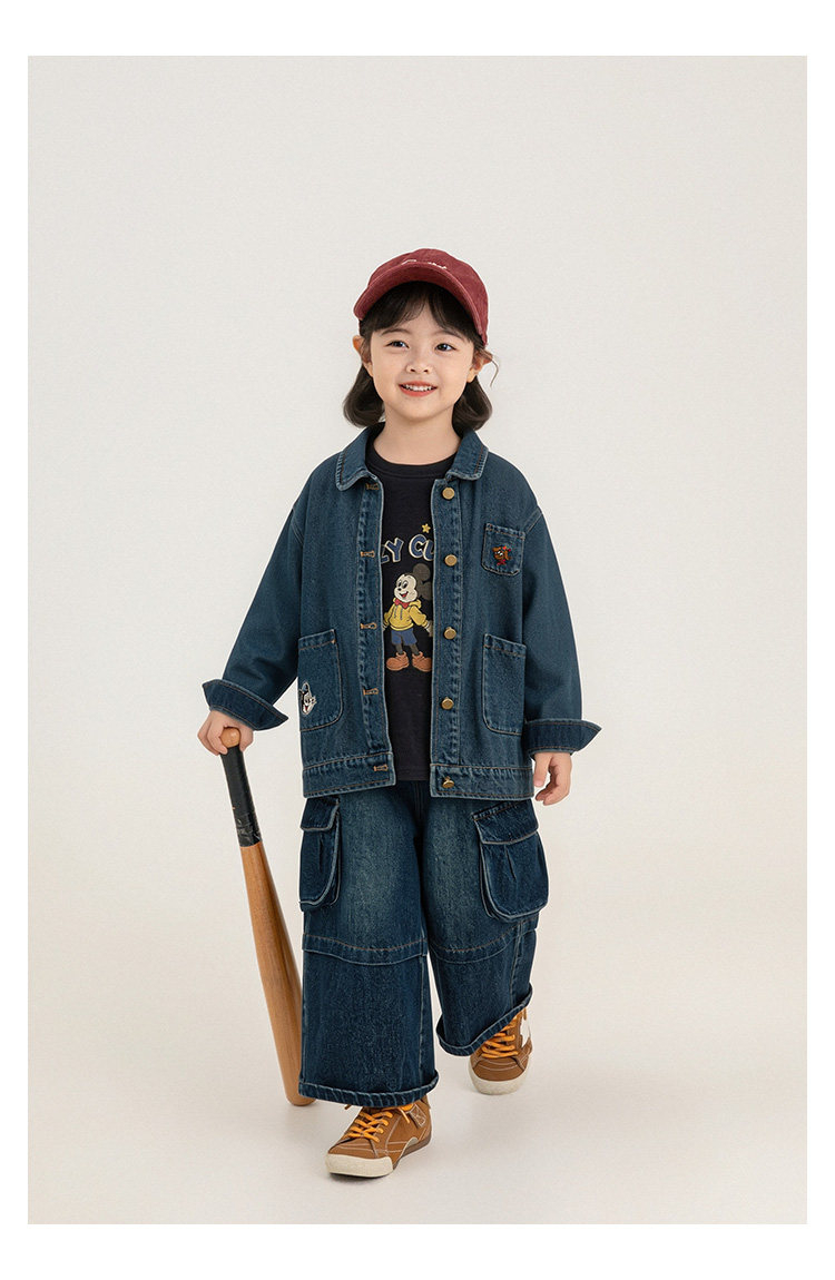 Children's Cartoon Embroidered-pocket Washed Denim Jacket photo 6