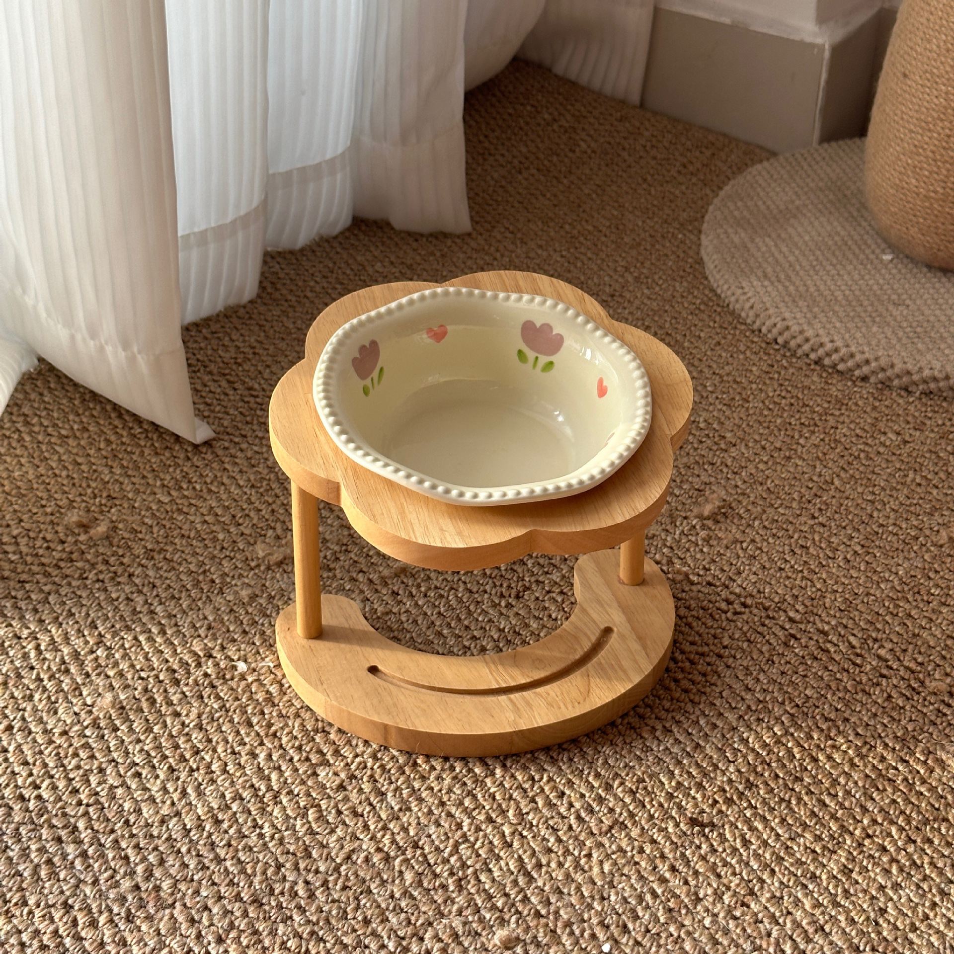 Ceramic Elevated Wooden Stand Pet Bowl Tip-resistant photo 2