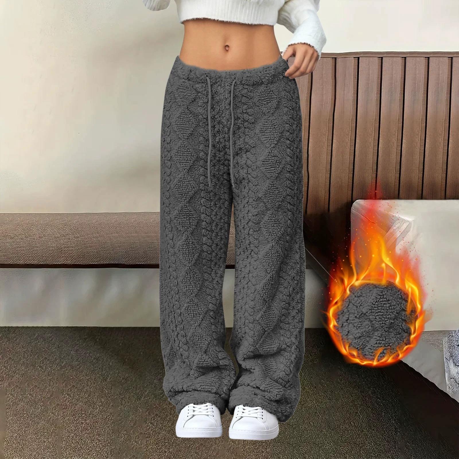 Women's Solid Color Front Tie Warm Casual Pants photo 6