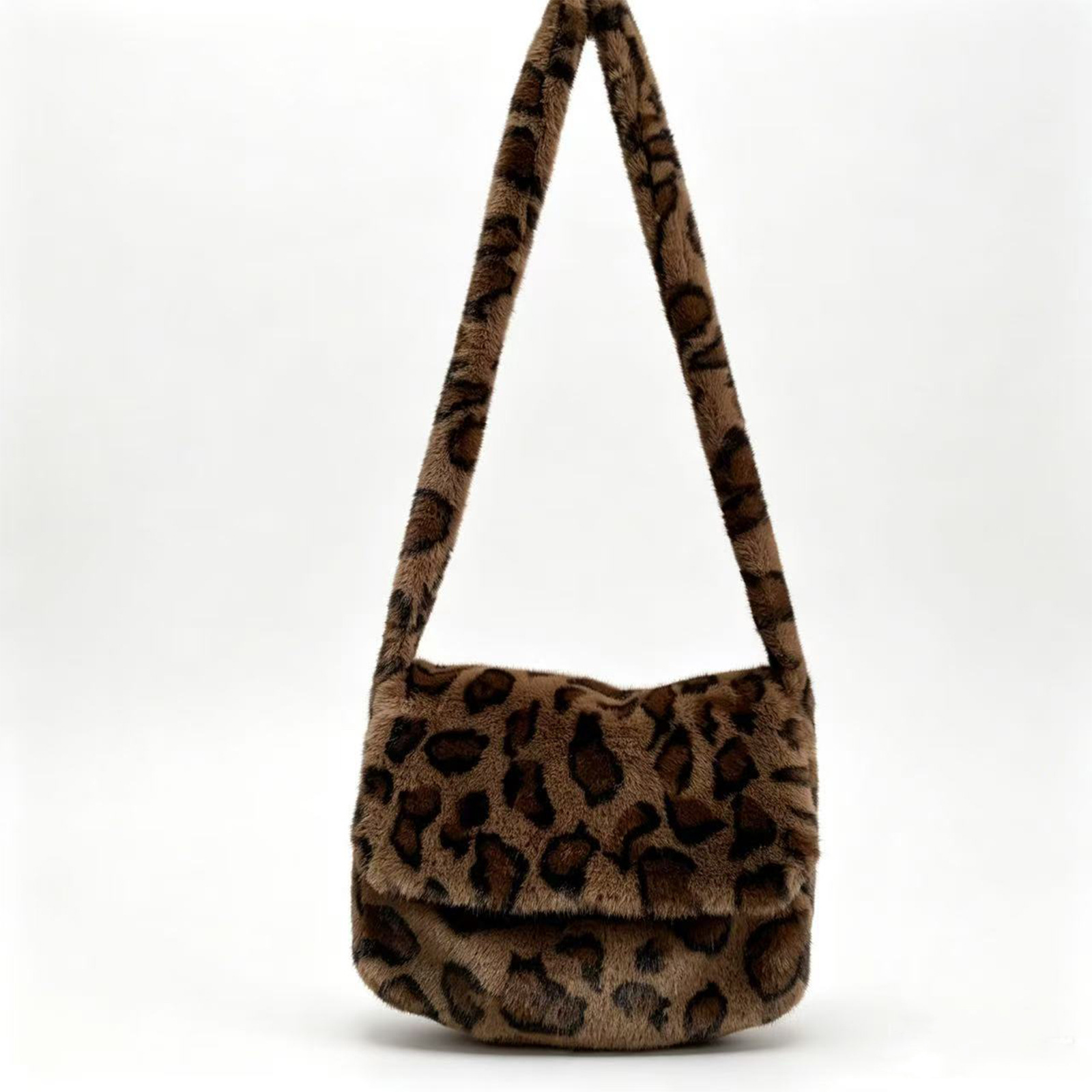 2026 New Leopard Print Plush Crossbody Bag Women's Korean Version Fashionable Faux Fur Large Capacity Shoulder Bag Flap Trend - Deep Coffee Leopard Print photo 3