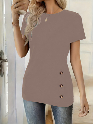 Round-neck Short-sleeve Top With Faux Button Detailingelegant And Versatile photo 7