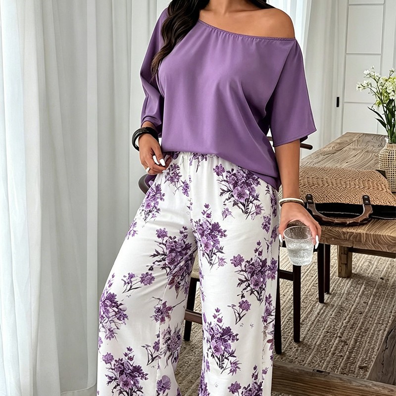 Casual Womens Set Featuring Plant And Floral Print Wide-leg Pants photo 1