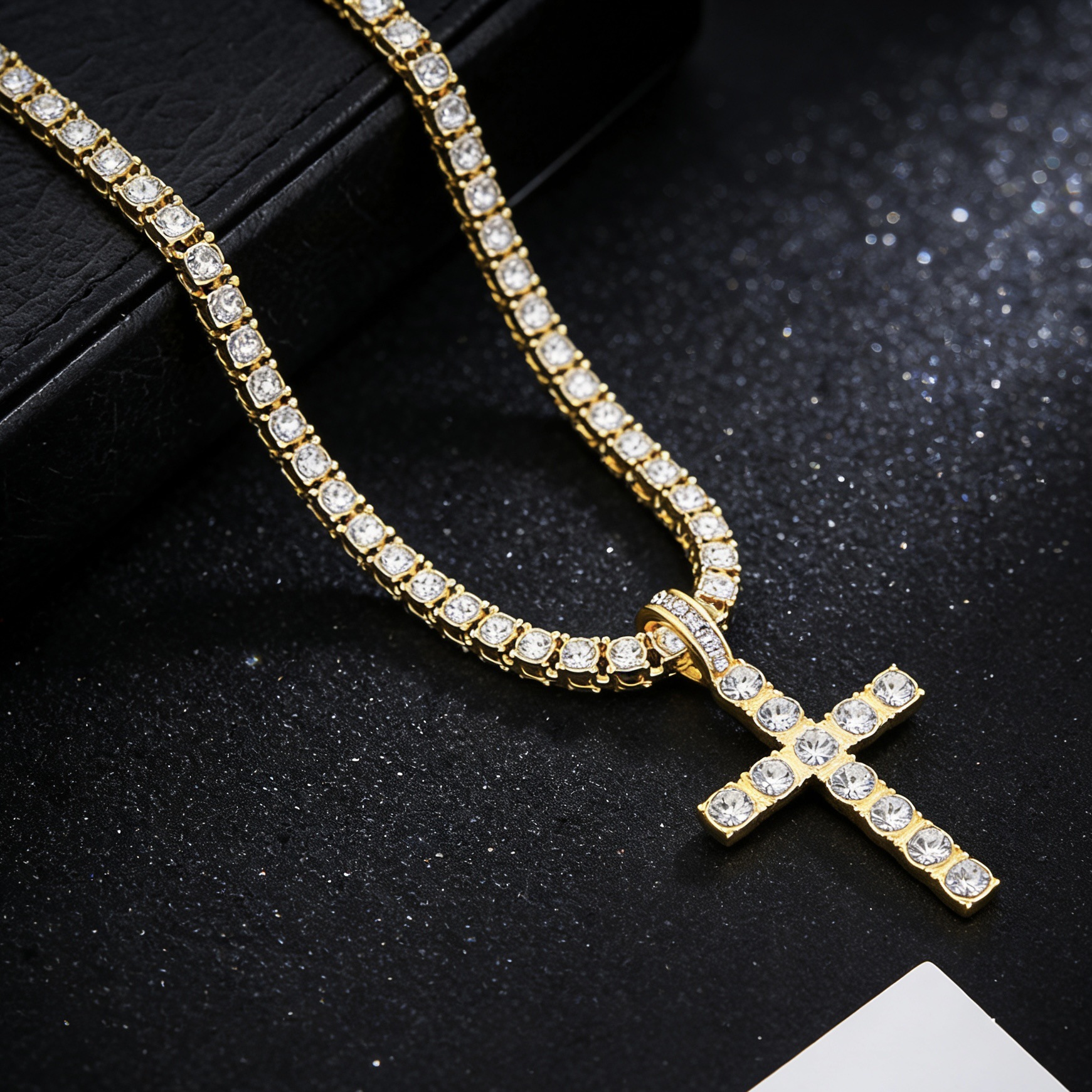 Rhinestone Cross Pendant Necklace With Tennis Chain photo 1