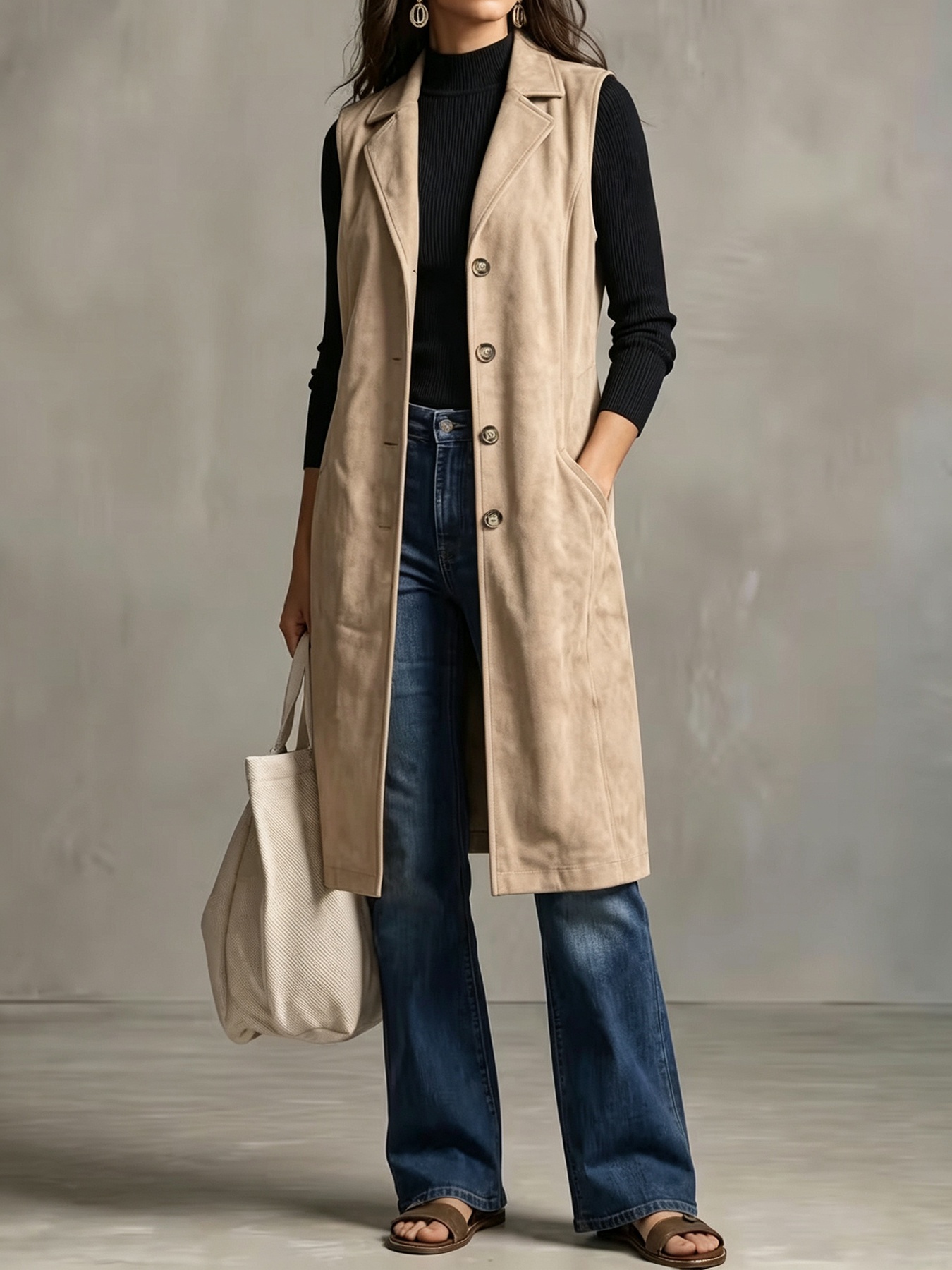 Women's Mid-length Sleeveless Blazer Vest Jacket photo 3