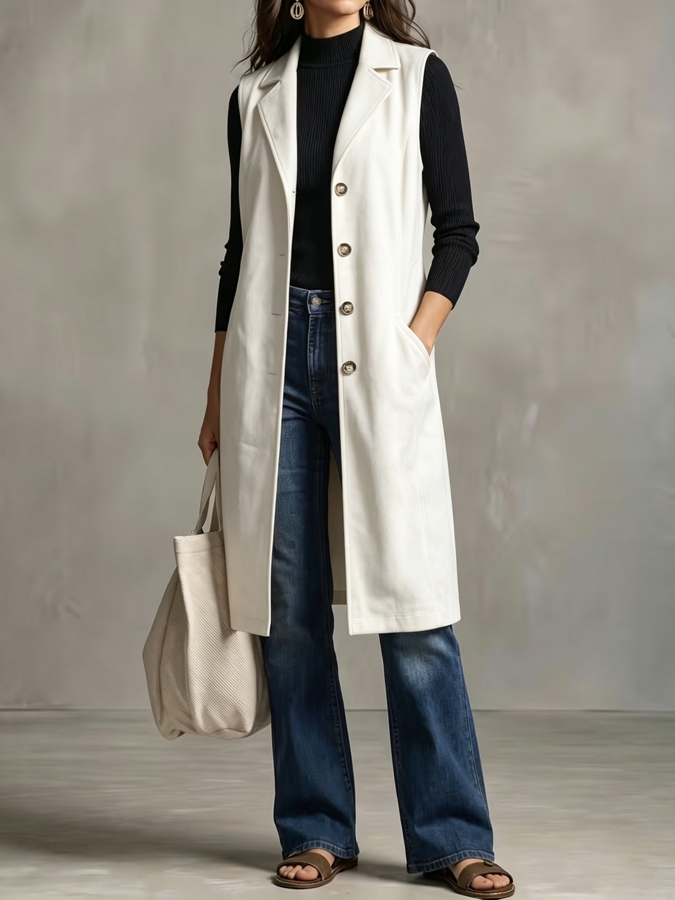 Women's Mid-length Sleeveless Blazer Vest Jacket photo 4